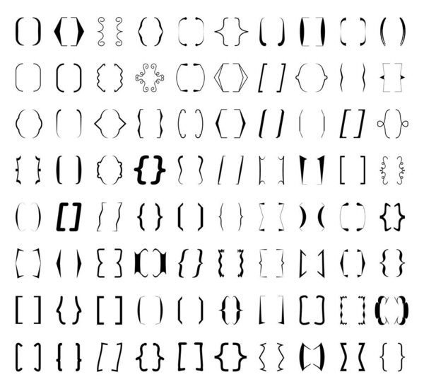 Вектор набора фигурных скобок. Сбор текстовых скобок для сообщений, квот. Овальный, квадратный, ретро скобки и пунктуационные формы. Черный кадр для текста.