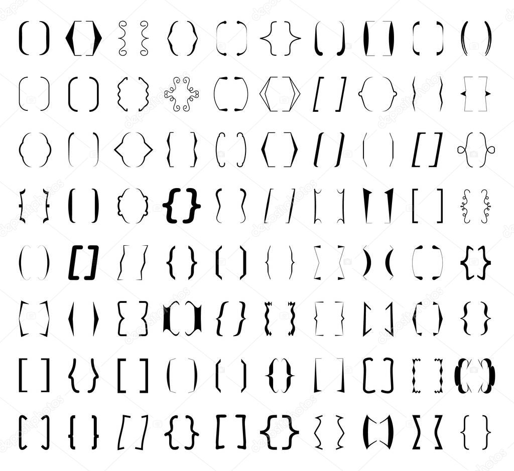 Curly brace set vector. Text brackets collection for messages, quotas. Oval, square, retro parentheses and punctuation shapes. Black frame for text.