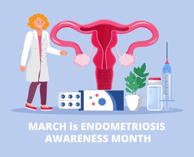 Endometriosis Awareness Month concept vector. Health care event is celebrated in March. Gynecologist doctor examine uterus, womb with magnifier to treat endometriosis. clipart