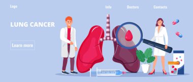 Akciğer kanseri konsepti. Pleurisy, tüberküloz, zatürree illüstrasyonu web sitesi, başlık, blog. Akciğer röntgen cihazı. Tüberküloz doktorları ciğerleri tedavi eder, tarar.