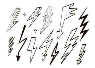Yıldırım el çizimi vektör. Doodle gök gürültüsü tabela koleksiyonu. Elektrikli siyah bir sembol çiz. Flaş enerji, uyarı simgeleri, sosyal ağ hikayesi için dikkat illüstrasyonu, web, afiş.