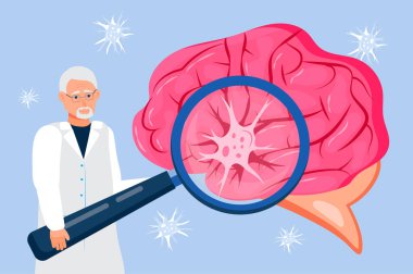 Tıp blogu için nörolog konsept vektörü, tıbbi blog. EKG 'li beyin, ensefalogram makinesi. Büyüteç altında nöron. Nöroloji sorunları, Parkinson hastalığı ve Alzheimer.