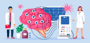 Tıp blogu için nörolog konsept vektörü, tıbbi blog. EKG 'li beyin, ensefalogram makinesi. Büyüteç altında nöron. Nöroloji sorunları, Parkinson hastalığı ve Alzheimer.