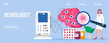 Tıp blogu için nörolog konsept vektörü, tıbbi blog. EKG 'li beyin, ensefalogram makinesi. Büyüteç altında nöron. Nöroloji sorunları, Parkinson hastalığı ve Alzheimer.