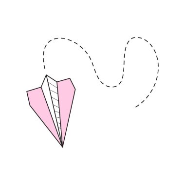 Uçuş rotası vektörlü bir düzlem simgesi. Elle çizilmiş kağıt uçak. Kağıt uçak taslağı. Karalama iletisi, SMS, e-posta sembolleri.