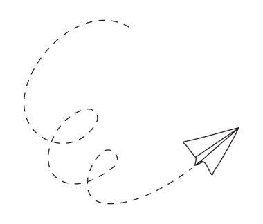 Uçuş rotası vektörlü bir düzlem simgesi. Elle çizilmiş kağıt uçak. Kağıt uçak taslağı. Karalama iletisi, SMS, e-posta sembolleri.