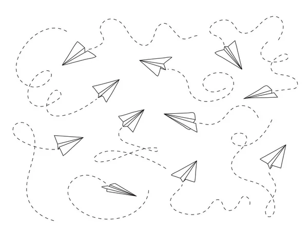 Icona dell'aereo con vettore fly rout. Aereo di carta in stile disegnato a mano. Aeromobili di carta contorno. Messaggi Doodle, sms, simboli e-mail. — Vettoriale Stock