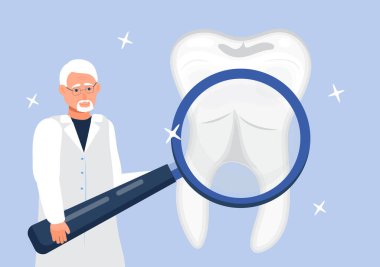 Diş hizmetleri vektör konsepti. Doktor büyüteç alır. Diş hekimi diş ağrısına yardım etmek için diş taraması yapar.