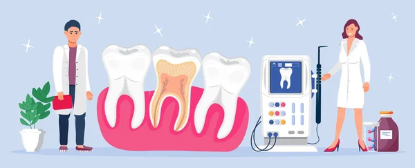 Dental services vector concept for landing page. Dentists make x-ray scan of teeth to help toothache, to whiten enamel or recovery implant. —  Vetores de Stock