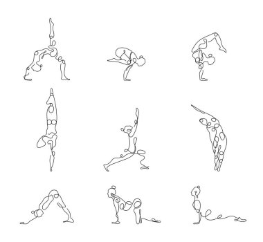 Yoga poz vektörü sürekli çizgi sanatında, el çizimi biçimi beyaz arkaplanda. Yoga kızı minimalizm spor illüstrasyonu. Basit logo, spor sembolü..