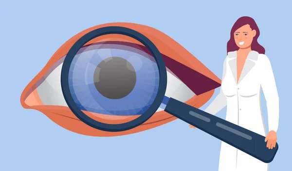 眼科医は 人間の眼の概念ベクトルを拡大ガラスを通して見ています 医学のウェブ ブログのためのあなたの視力図を確認してください 近視の診断 眼の働き — ストックベクタ