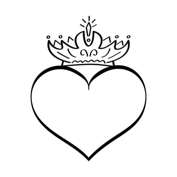 Coroado Vetor Coração Estilo Esboço Sinais Rei Rainha Ícone Casamento — Vetor de Stock