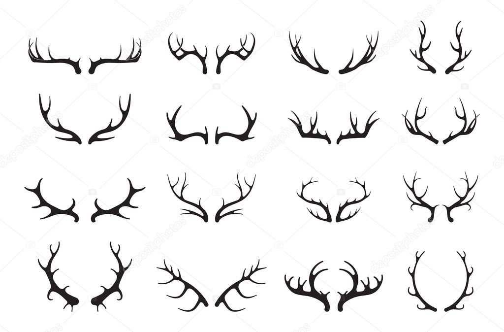 Deer antlers vector set. Silhouette of the horns of a wild elk, roe deer on a white background. Hand drawn silhouettes of hunting trophies.