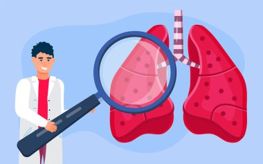 Phthisiologist, pulmonolog akciğerlere büyüteçle bakıyor. Tüberküloz sahnesi, zatürree konsept vektörü.