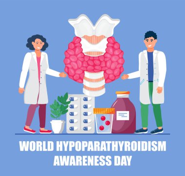 Dünya hipoparathyroidizm günü konsept vektörü. Ndokrinologlar insan tiroid bezini teşhis edip tedavi ederler. Hormon testi. Sağlık ve sağlık etkinliği 1 Haziran 'da kutlanır.