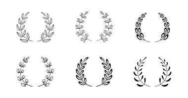 Laurels vektörü ayarlandı. Farklı doğrusal defne yaprakları seti. Zafer için buğday ve zeytin çelenkleri, zafer. Ödülün, başarının, haberciliğin sembolü. Cephanelik şubeleri