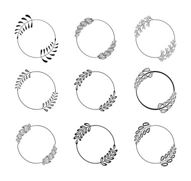 Laurels sınır vektörü ayarlandı. Farklı doğrusal yuvarlak defne yaprakları kümesi. Zafer için buğday ve zeytin çelenkleri, zafer. Ödülün, başarının, haberciliğin sembolü. Cephanelik şubeleri.