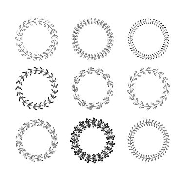 Laurels sınır vektörü ayarlandı. Farklı doğrusal yuvarlak defne yaprakları kümesi. Cephanelik şubeleri. Zafer için zeytin çelenkleri, zafer. Ödülün, başarının, haberciliğin sembolü.