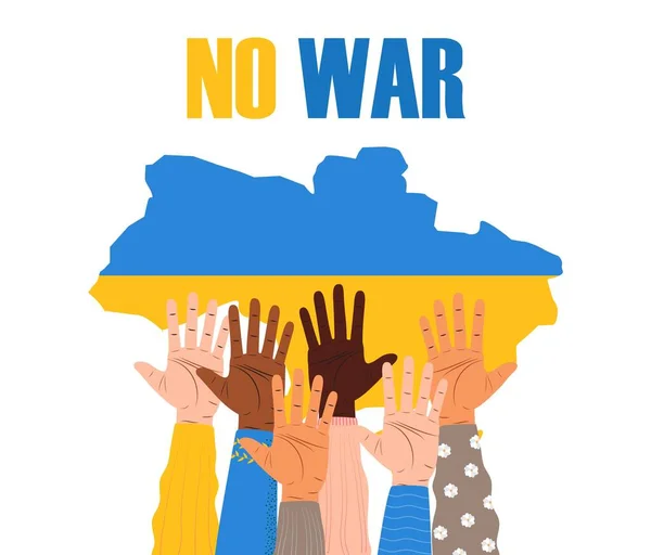 人々はウクライナの地図の背景に手を挙げている 戦争はやめて ウクライナを支援する ウクライナを救え すべての国のサポートイラストベクトルの概念 — ストックベクタ
