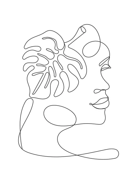 Boho美女脸矢量 富有创意的植物 植物抽象的图片 应用程序的简约风格 墙体艺术 超现实的肖像 女孩脸与棕榈叶连续线条风格 — 图库矢量图片