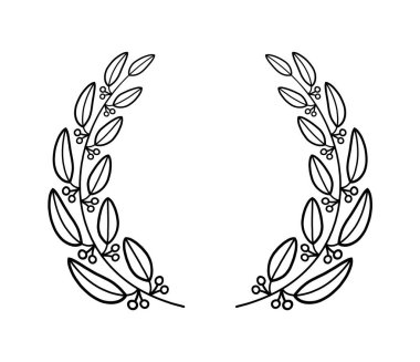 Laurels kenarlık vektörünü basit çizgi stilinde yuvarlak çiziyor. Doğrusal yuvarlak defne yaprakları. Zafer için buğday ve zeytin çelengi, zafer