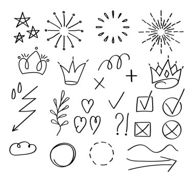 Doodle bilgi işleme elementleri. Beyaz arka plan. Web, uygulama, sosyal ağ sembolleri elde çizilmiş karalama tarzı. El çizilmiş oklar, taçlar, kalp, kontrol, çapraz simgeler ve işaretler.