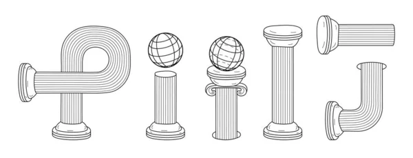 Griechische Antike Spalten Setzen Vektor Antike Säule Linienstil Römische Sockelumrandung — Stockvektor