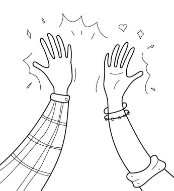 Çizgide beş konsept vektör ver, karalama stili. İki insanın dostça selamlaşmasının sembolü. Neşeli el çırpışı.