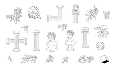 Classic bust sculpture vector in line art style. Greek ancient column set vector. Antique pillar in line style. Roman pedestal outline illustration in black color.Greek ancient mythology.