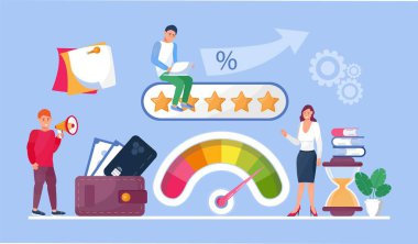 Credit score concept vector. Bank managers examine the client credit history from bad to good. Payment history measurement tool. Credit card, indicator, money are shown.