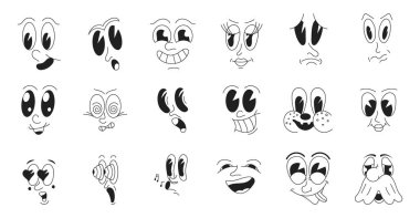 Mascot characters set vector in retro 30s cartoon style. Cute, funny faces, as examples of 50s, 60s old animation style. Crazy mems of eyes and mouths. Sad, angry emotions.