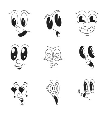Mascot characters set vector in retro 30s cartoon style. Cute, funny faces, as examples of 50s, 60s old animation style. Crazy mems of eyes and mouths. Sad, angry emotions.