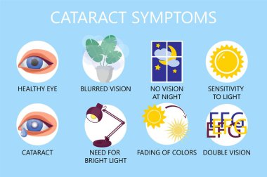 Cataract symptoms ingographic concept vector. Glaucoma disease and nephropathy problems. Ophthalmologist, oculist concept illustration.