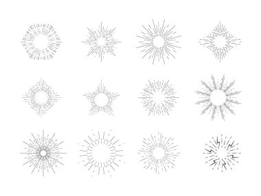 Sunburst shadow icons vector. Starburst, firework monochromes. Burst radiating from center of straight and spiral beams, lines. Set of simple elements for logo, signs.