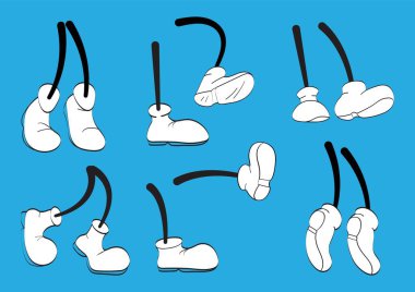 Vintage cartoon legs set vector. Cute animation feet in shoes. Funny character mascot body parts movement. Retro, comics leg in walking poses.