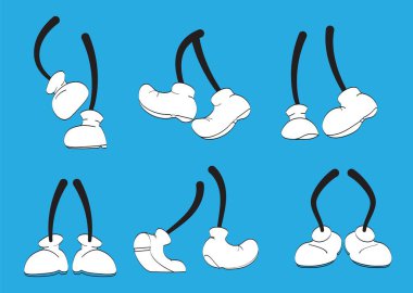 Vintage cartoon legs set vector. Cute animation feet in shoes. Funny character mascot body parts movement. Retro, comics leg in walking poses.