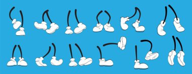 Vintage cartoon legs set vector. Cute animation feet in shoes. Funny character mascot body parts movement. Retro, comics leg in walking poses.