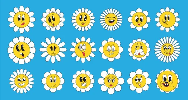 Crasy, groovy hippie 70s, 60s, 30s set vector. Funny cartoon chamomile with faces. Daisy retro flower illustration. Plant with mascot. Crazy mems of eyes and mouths. Sad, angry emotions.