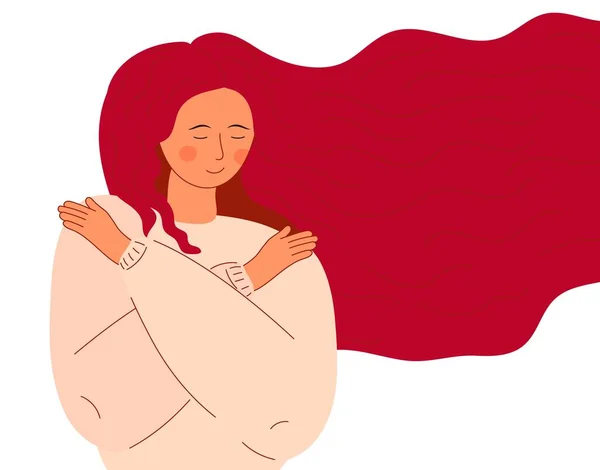 Cute Woman Long Hair Hugs Herself Positive Lady Expressing Love — 스톡 벡터