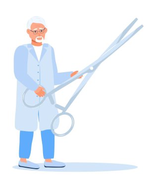 Doctor with surgical scissors. Medical tool, surgical equipment are shown.