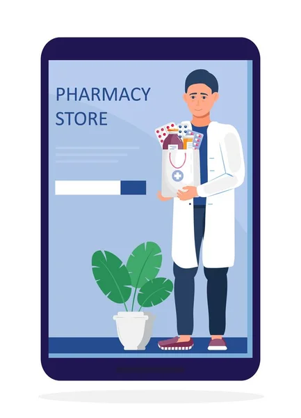 Online Pharmacy Store Concept Vector Pharmacist Holding Medications Pharma Sopping — Vettoriale Stock