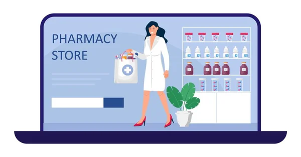 Online Pharmacy Store Concept Vector Pharmacist Holding Medications Pharma Sopping — Vettoriale Stock