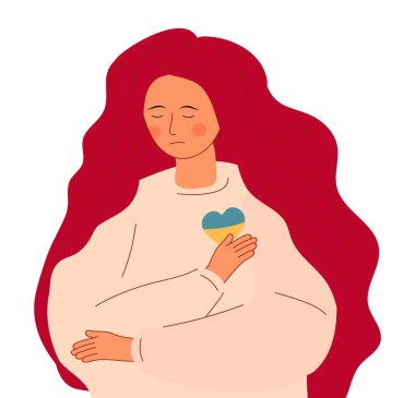 Kız Ukrayna 'daki savaşı durdurmak için elini kaldırdı. Ukrayna 'nın bayrak sembollü kalbi. Üzgün kadın ülkesini desteklemek istiyor. Ukrayna 'ya yardım ve kaydet.