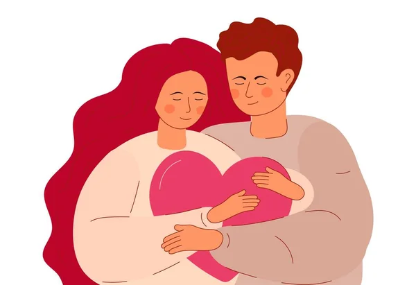 Γυναίκα Μακριά Μαλλιά Και Άντρας Αγκαλιάζει Μεγάλη Καρδιά Προσεκτικά Σύζυγος — Διανυσματικό Αρχείο