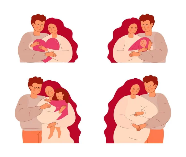 夫は妻を抱きしめる 若い女性は幼い娘を腕に抱えている 幸せな母親と父親 幸せな家族の肖像画 愛のカップル 女の子と男の子は大きな心を持っています — ストックベクタ