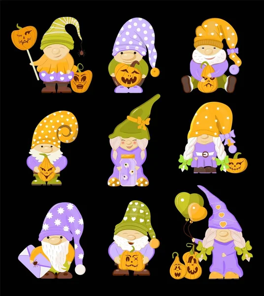 Juego Vectores Gnomo Halloween Feliz Diseño Sagrado Divertida Ilustración Enana — Archivo Imágenes Vectoriales
