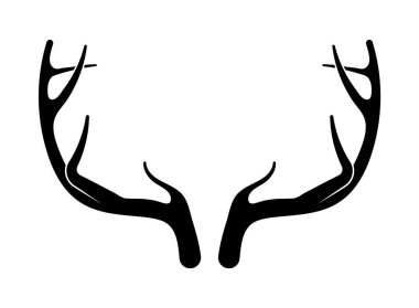 Geyik boynuzu vektörü. Avlanma hatıralarının el çizimi siluetleri. Vahşi bir geyiğin boynuzlarının silueti, beyaz arka planda yumurtlayan geyik..