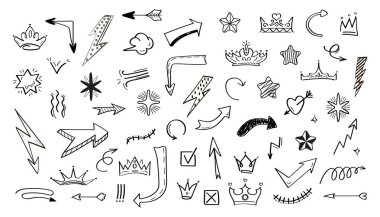 Sosyal medya için Doodle bilgi elemanları vektörü. Web, uygulama, sosyal ağ sembolleri elde çizilmiş karalama tarzı. El çizilmiş oklar, taçlar, kalp, kontrol, çapraz simgeler ve şimşekler.