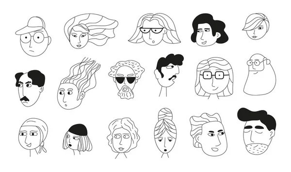 Caras Graciosas Doodle Personas Establecer Vector Retratos Varios Hombres Mujeres — Archivo Imágenes Vectoriales