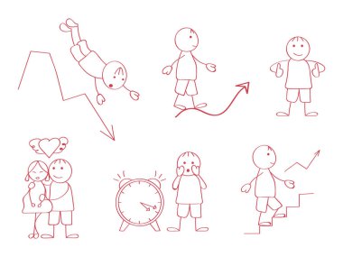 Çubuk figürler, oyuncak stilinde sunumlar için. Çizgi insan, iş adamı. Yürümenin, düşünmenin, koşmanın farklı pozları..